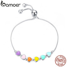 Rainbow Color Enamel Heart Bracelet for Women Heart-shape  925 Silver Chain Brac - £20.73 GBP