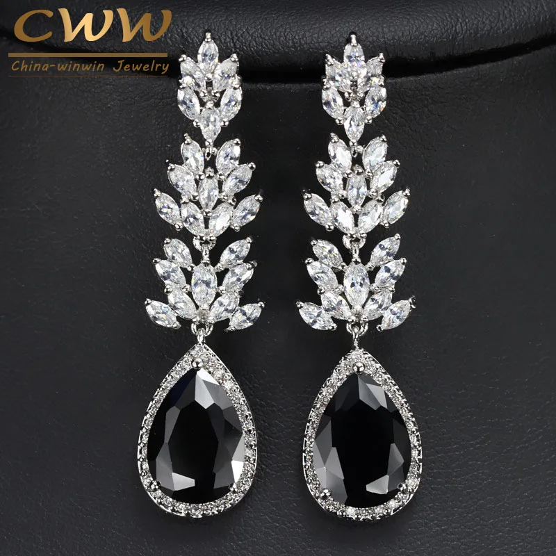 Brand High Quality Silver Color Long Black Crystal Drop Earring Fashion Cubic Zi - £19.03 GBP