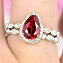 2.90Ct Pear cut Simulated Ruby &amp; Diamond Engagement Ring Band Sterling Silver - $119.67