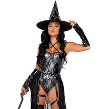 Witch Costume Set Vinyl Lace Bodysuit Garter Belt Draped Skirt Pointy Hat 5075 - £74.73 GBP