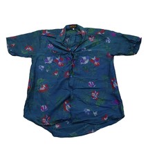 Leann Thai Silk Shirt Mens L Blue Short Sleeve Button Up Collar floral Silk - $24.73