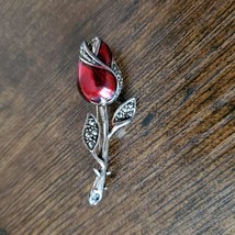 Rose Brooch, Silver Tone with Red Enamel and Rhinestones, Vintage Jewelry