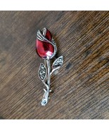 Rose Brooch, Silver Tone with Red Enamel and Rhinestones, Vintage Jewelry - £16.07 GBP