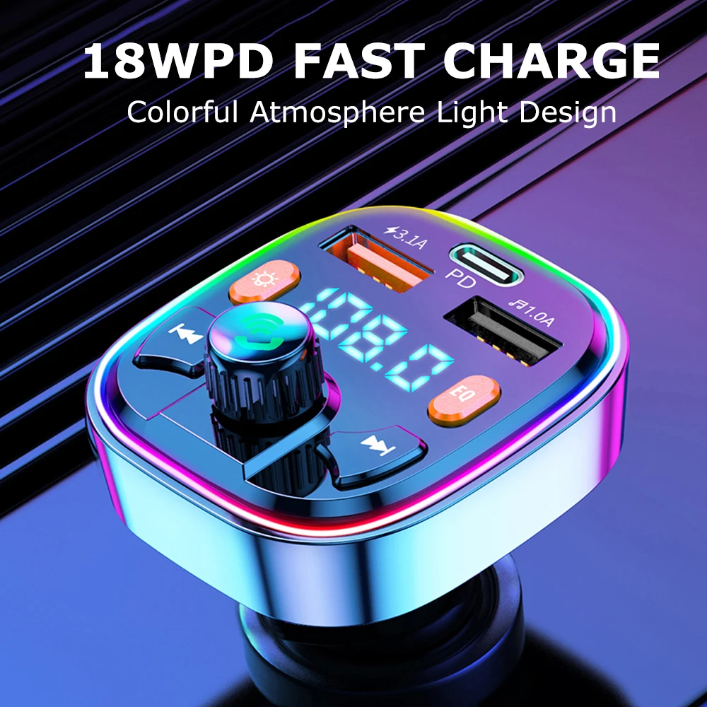 Car FM Transmitter Dual USB PD Type C Fast Car Charge Ambient Light Blue... - £11.55 GBP