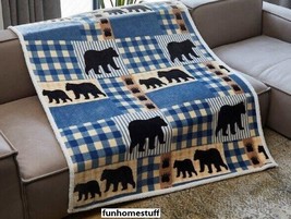 BLACK BEAR PLAID Designer Collection Flannel Sherpa Soft Throw Blanket 50x60 IN