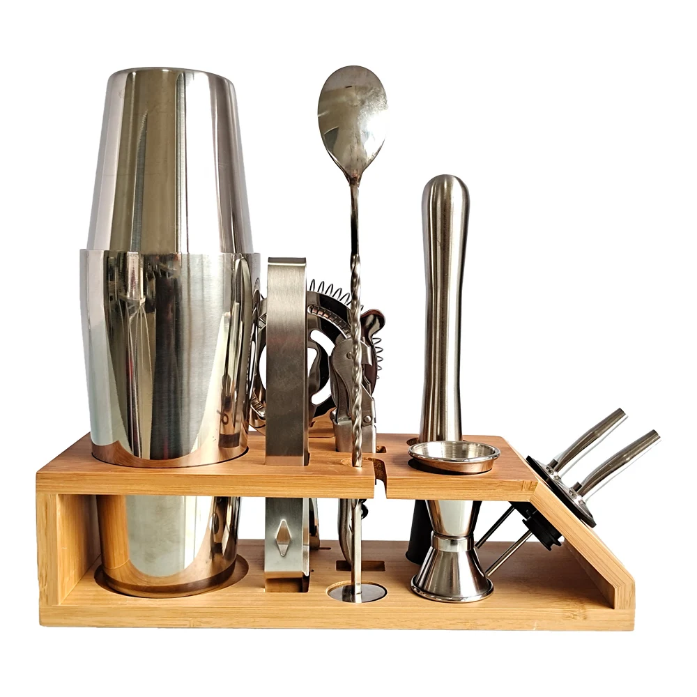 Bartender Kit? 10-Piece Cocktail Shaker Set Bamboo Trapezoid Stand? For Mixed Dr - £81.71 GBP