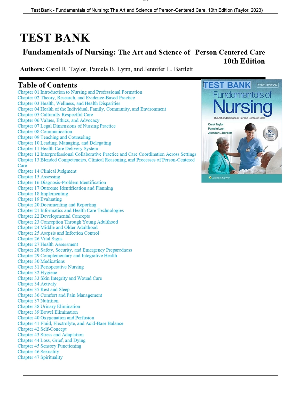 Test Bank for Fundamentals of Nursing 10th Edition by Taylor Chapter 1-4... - $17.99