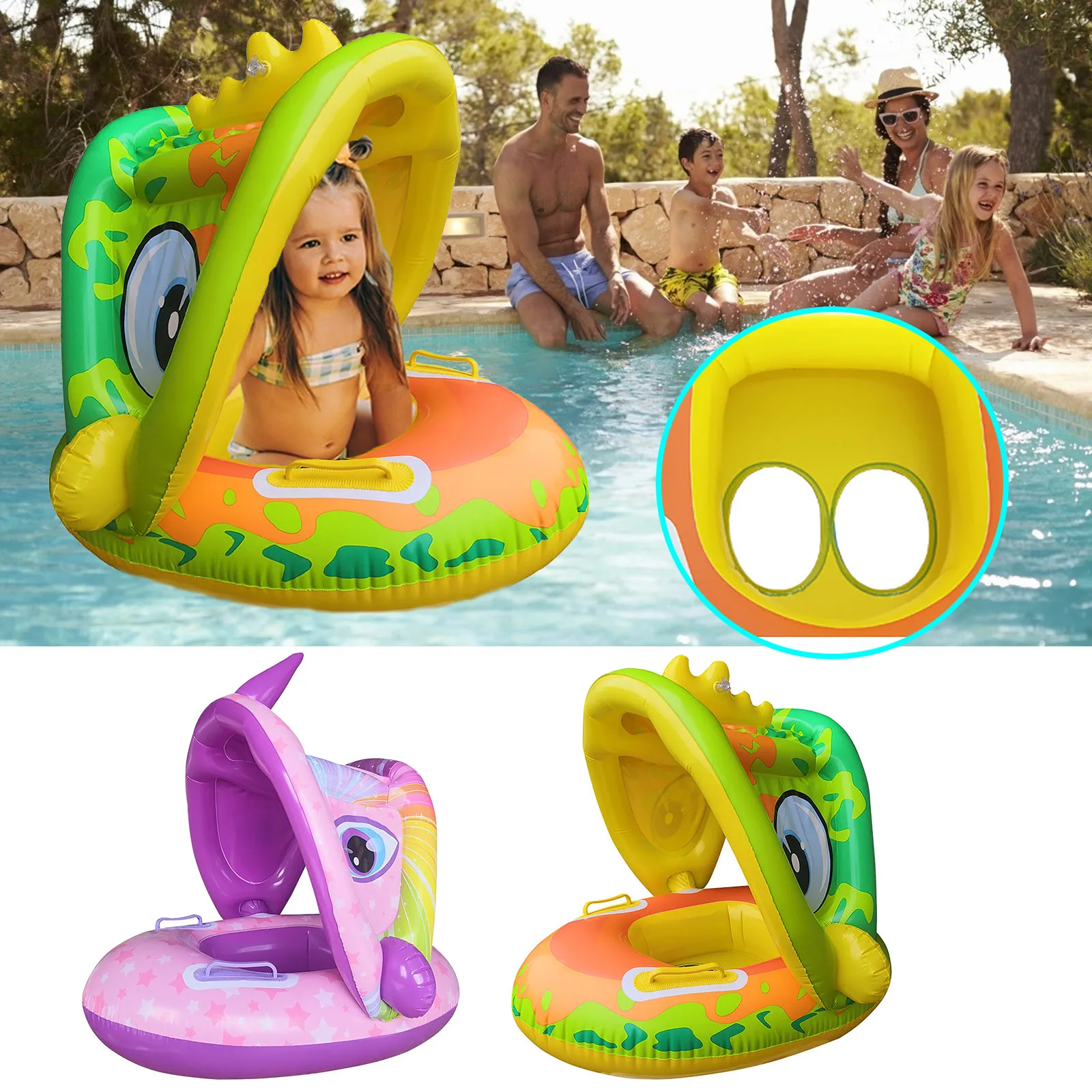 Rainbow Unicorn Baby Water Floats Toys Swimming Pool Ring with Inflatable Canopy - £20.68 GBP