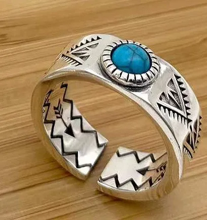 New 100% Pure S925 Silver Jewelry Retro Punk Inlaid Turquoise Personality Trend  - £44.76 GBP