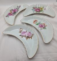 Porcelain Bone Dishes Set of 4 Floral Gold Trim Crescent Candy Trinket D... - $19.45
