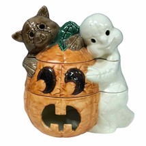 Rare Vtg Hand-painted Ghost Pumpkin Decor Halloween 3 layer candleholder - $70.69