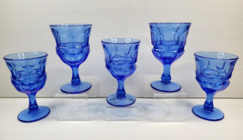 (5) Fostoria Argus Blue Water Goblets Set Vintage Elegant Stemware Retro... - $69.17