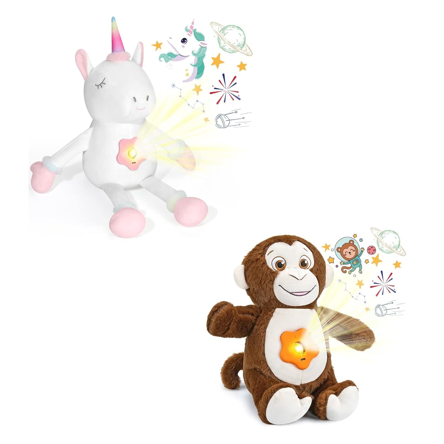 Unicorn Stuffed Animal( Rechargeable Led Projection Lamp - 17'' )& Monkey Stuffe