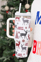 White Merry Christmas Tree Snowflake Elk Print Handle Tumbler - $508.98 MXN