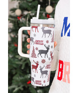 White Merry Christmas Tree Snowflake Elk Print Handle Tumbler - $37.59 CAD