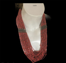 Chico’s Red Gold Glass Seed Bead Multi Strand Asian Statement Necklace 24” - £31.60 GBP