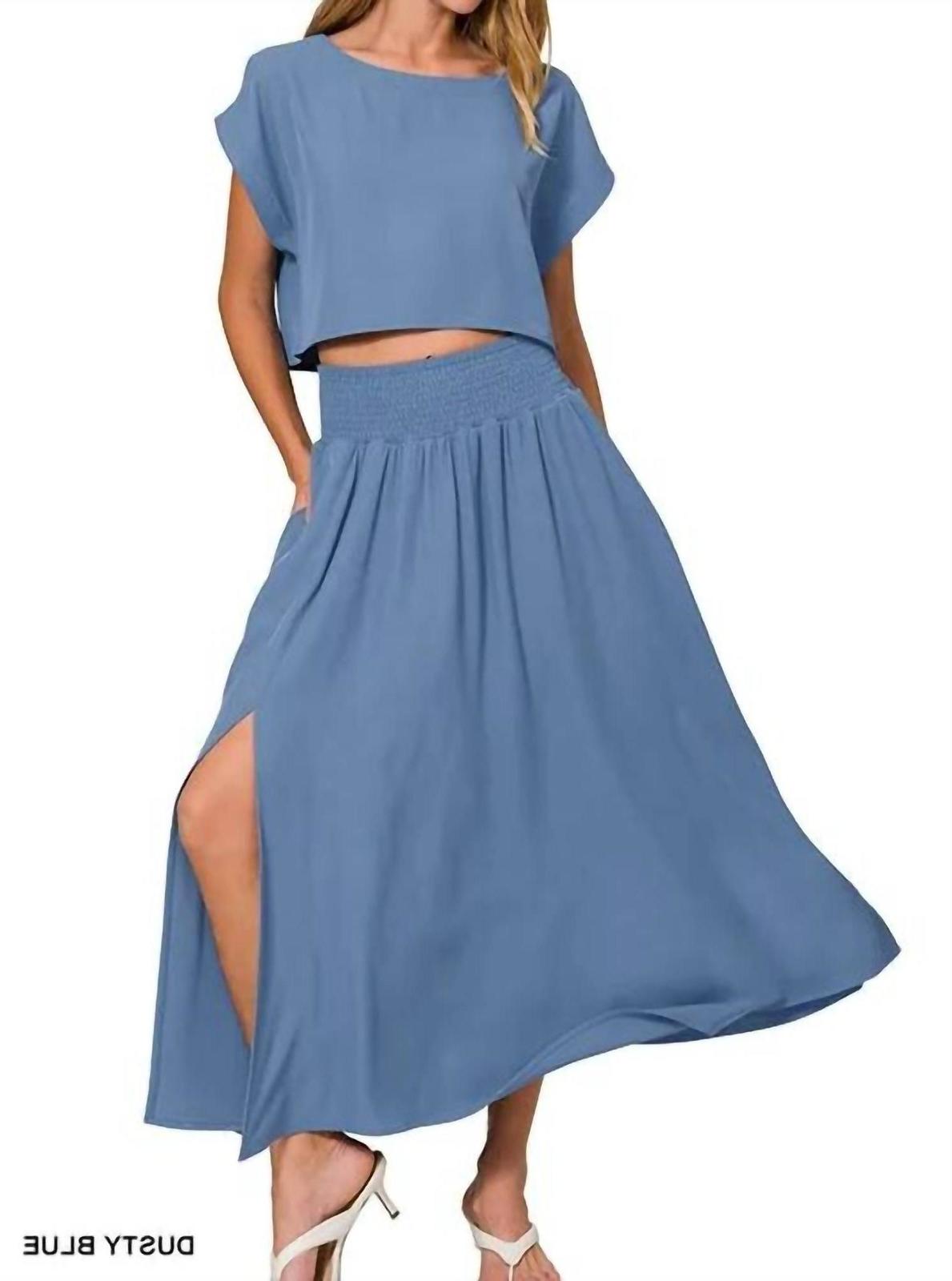 Zenana Woven Crinkle Gauze Crop Tee And Skirt Set Dusty Blue - $52.00