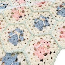 Hand Crocheted Baby Blanket Pink Blue Granny Square Teddy Bear Bows 3D Hexagon - £52.18 GBP