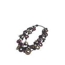 Wooden Circle Bead Triple Strand Necklace Red Beige and Brown 10 in Drop - £11.03 GBP