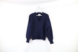 Vintage 70s Streetwear Boys Size Large Blank Knit V-Neck Sweater Navy Bl... - £31.11 GBP
