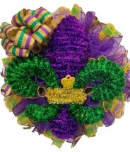 Mardi Gras Large Wreath 25” Dia 10” Deep Handcrafted Deco Mesh Green Gol... - £47.58 GBP