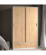 Modern White Oak 2 Sliding Doors Double Wardrobe Closet Hanging Clothes ... - £513.16 GBP