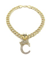 Crowned Initial Letter C Crystals Pendant Gold-Tone Cuban Linked Chain N... - £35.96 GBP