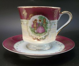 Tea Cup Saucer Set Bone China Courting Couple Burgundy Iridescent  - £14.21 GBP