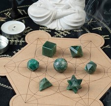 Green Aventurine  7Pcs Sacred Geometry Set Platonic Solids with WoodenBox15-20MM - £21.83 GBP