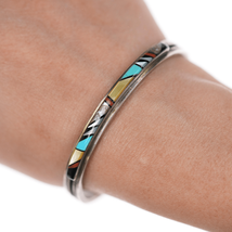 6.5&quot; TJ Vintage Native American inlay twisted sterling wire cuff bracelet - £130.19 GBP