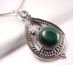 Malachite Pendant 925 Sterling in Hoop with Silver Dot &amp; Rope Styled Accents - £7.11 GBP