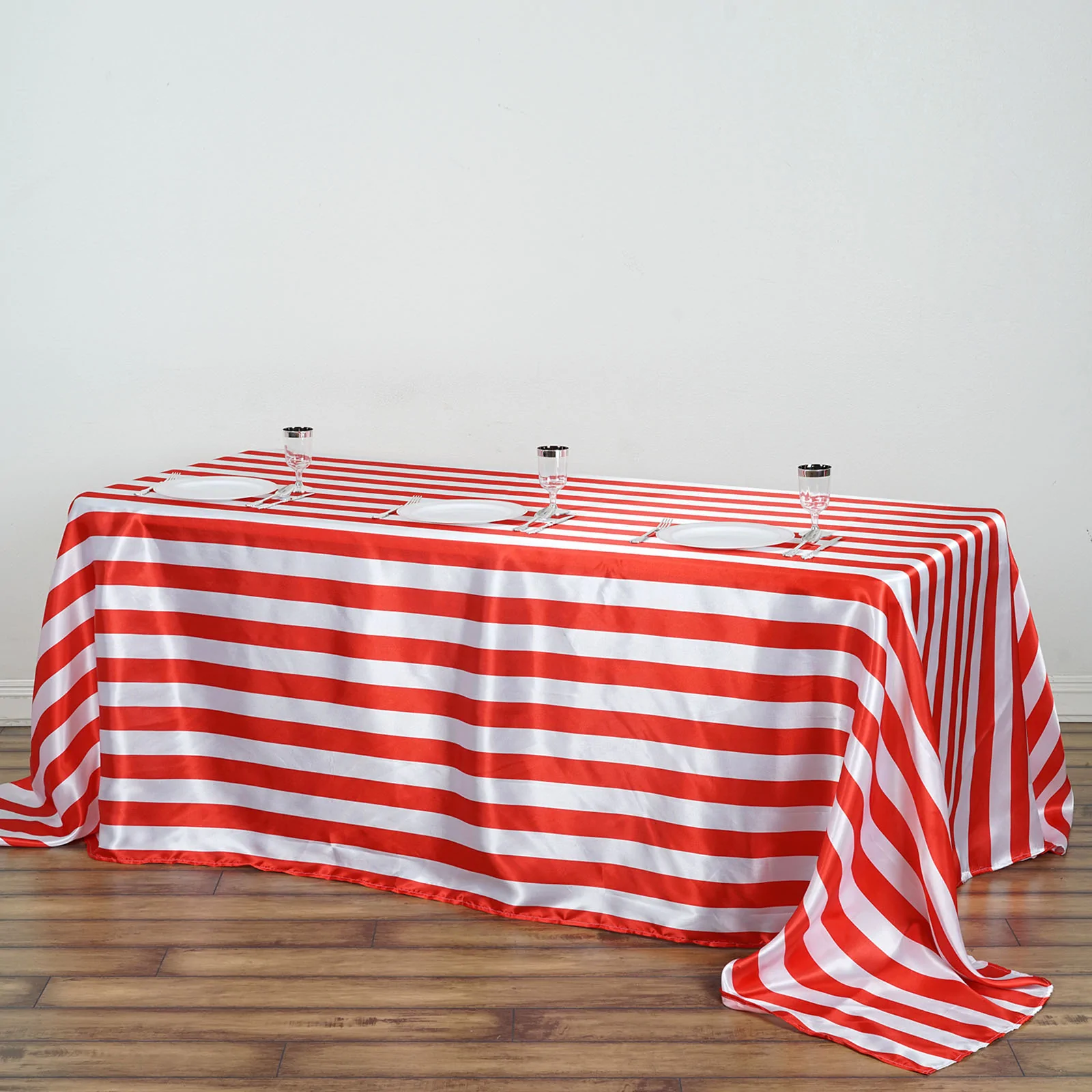 Red - 90&quot;x132&quot; Rectangle Tablecloth Stripe Satin Seamless Tablecloth Wed... - £31.60 GBP