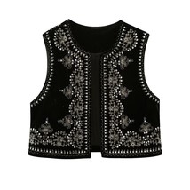 Zevity Women Vintage O Neck Sequins Flower Embroidery Short Vest Jacket Ladies S - £21.03 GBP