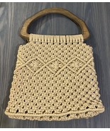 MCM Vtg Boho Macrame Taupe Beige Hand Bag Crochet Woven Knotted Wood Han... - $40.21 CAD