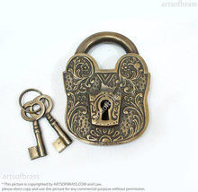 Large Victorian Full Engraved Solid Brass Working Padlock and Skeleton K... - £62.93 GBP