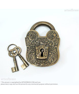 Large Victorian Full Engraved Solid Brass Working Padlock and Skeleton K... - £63.94 GBP