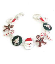 Christmas Santa Theme Charm Chain Bracelet Magnetic Clasp Size 7 White Gold - £12.09 GBP