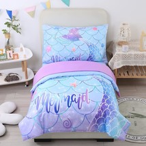 Mermaid Toddler Comforter Set For Girls 4Pcs Lovely Ombre Blue Fish Scales Patte - £31.96 GBP