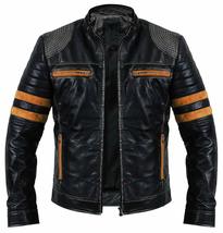 Men&#39;s Vintage Distressed Biker Quilted Cafe Racer Retro Striped Leather Jacket - £79.82 GBP