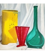 1960s Folk Art Colorful Still Life Oil Painting of Geometric Glass Shape... - $136.75 CAD