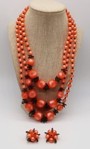 Vtg 3 strand orange &amp; black plastic bead 20 inch necklace &amp; clip on earrings set - £15.67 GBP