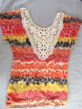 Maurices top tee ruched crochet lace tie dye Jr Large yellow red - $11.71