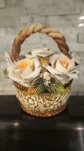 Vintage Capodimonte Porcelain Flower Basket ~ Peach &amp; Ivory Roses Green Leaves - £12.58 GBP