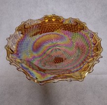 Indiana Windsor Iridescent Marigold Carnival Glass Crimped Sawtooth Bowl 10.5&quot; - £17.52 GBP