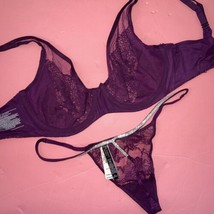 Victoria&#39;s Secret unlined 34DD BRA SET M SHINE STRAP thong purple pink kir Lace - £55.38 GBP