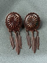 Solid Copper Oval Flower Southwest Medallion w Thin Feather Charms Dangle Post - £11.71 GBP