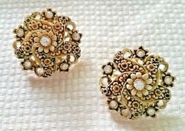Signed Featherweights Carved Celluloid Floral Silver Tone Clip Earrings Vintage  - £23.76 GBP