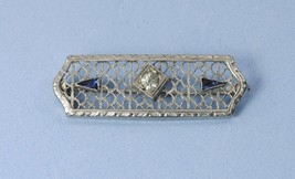 Art Deco Filigree Brooch White Gold Sapphire Diamond Pin Back Antique - $150.00