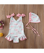 NEW Girls Flamingo Ruffle Swimsuit Bathing Suit &amp; Hat Set 2T 3T 4T 5T - $197.48 MXN