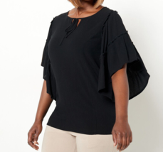 Susan Graver Weekend Rayon Crepe Flutter Sleeve Tunic- BLACK, SMALL A487747 - £20.97 GBP